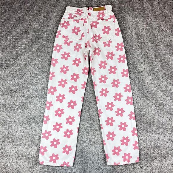 Cotton On Jeans Womens 2 White Pink Daisy Floral Loose Straight High Rise Denim - Picture 2 of 12
